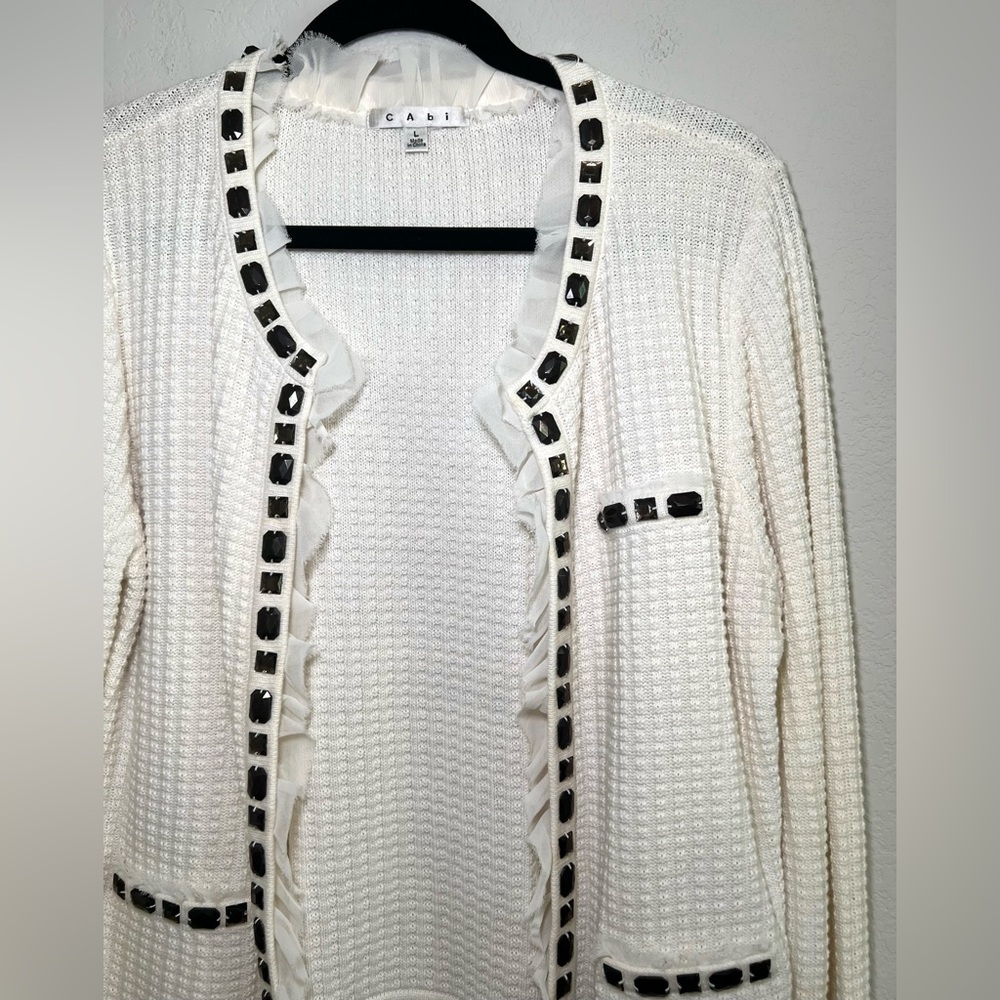 CAbi Gabrielle Waffle Knit Jeweled Ruffle Cardigan #284 L